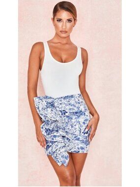 House of CB London Blue White Floral Draped Mini Skirt Size M High Waist Stateme